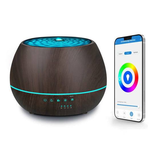 diffuseur d’huile essentielle wifi tuya 500ml avec humidificateur ultrasonique lumières led et contrôle via application compatible alexa et google home