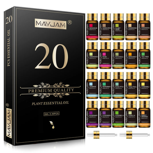 MAYJAM Coffret 20 Huiles Essentielles 5ml Lavande Jasmin Eucalyptus Vanille Bois de Santal Orange et Plus