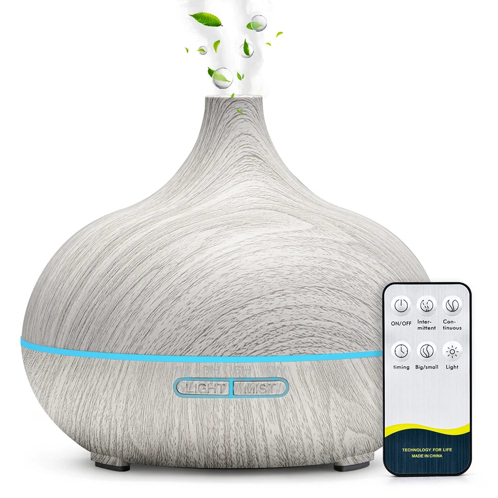 Diffuseur d'huiles essentielles aromathérapie 500ml ultrasonique avec télécommande et 7 lumières LED, finition grain de bois