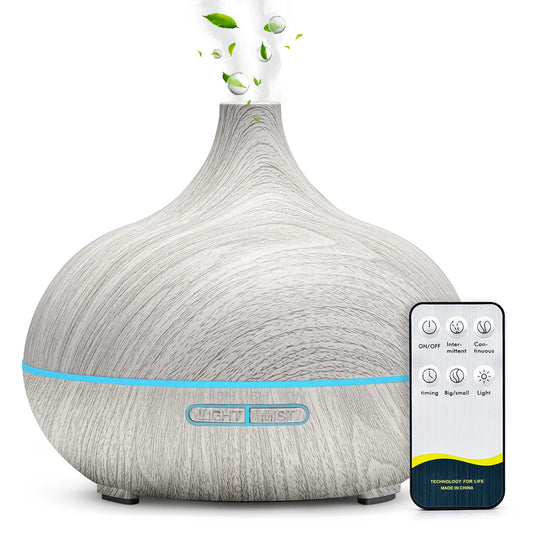 Diffuseur d'huiles essentielles aromathérapie 500ml ultrasonique avec télécommande et 7 lumières LED, finition grain de bois