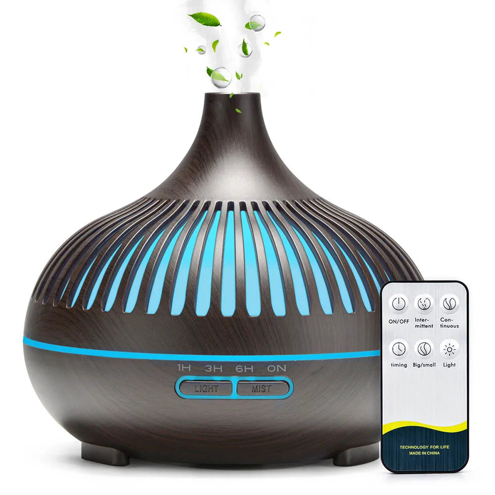 Diffuseur d'huiles essentielles aromathérapie 500ml ultrasonique avec télécommande et 7 lumières LED, finition grain de bois