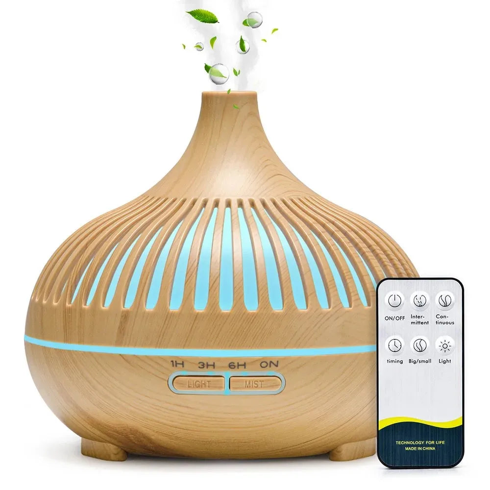 Diffuseur d'huiles essentielles aromathérapie 500ml ultrasonique avec télécommande et 7 lumières LED, finition grain de bois