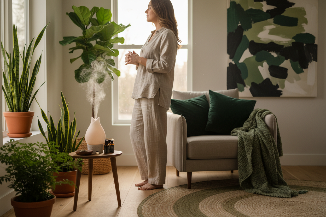 je veux une image realiste et proffessionelle pour une boutique en ligne de diffuseur dhuile essentielle dans limage je veux un humain et un diffuseur je veux que lhumain sois dans une maison et qui soi sur sont divan et je veux que le texte soi en rapport avec limage (La simpliciter) porte attention au message je veux quil est rapport avec limage je veux pas de texte dans limage( je veux aucun texte) dans limageeeeeee je veux quil aille du vert foret et qui soit pas sur un divan